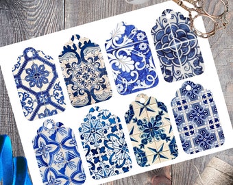 Printable Vintage Gift Tags, Blue and White Floral Tiles, Chinoiserie Toile Instant Digital Download, Set of 8 Vintage Blue China Tags PDF