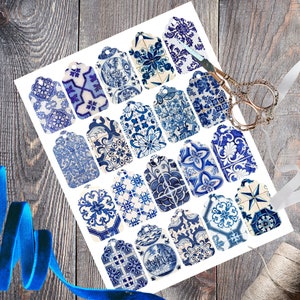 Printable Vintage Gift Tags, Blue and White Floral Tiles, Chinoiserie Toile Instant Digital Download, Set of 20 Vintage Blue China Tags PDF