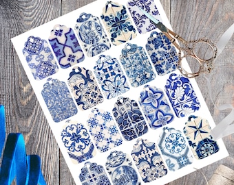 Etiquetas de presente vintage para impressão, azulejos florais azuis e brancos, download digital instantâneo de chinoiserie toile, conjunto de 20 etiquetas de porcelana azul vintage em PDF