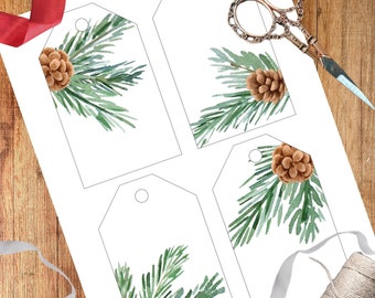 Christmas Printable Gift Tags, Minimalist Pinecone Gift Tags, Holiday Tags Instant Digital Download, Set of 4 Pine Branch Tags PDF Template