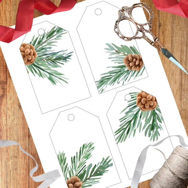 Christmas Printable Gift Tags, Minimalist Pinecone Gift Tags, Holiday Tags Instant Digital Download, Set of 4 Pine Branch Tags PDF Template