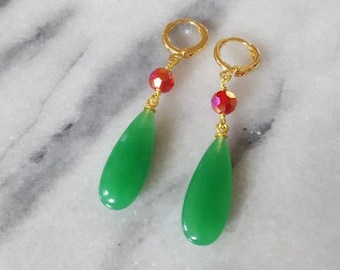 Howls Moving Castle Earrings - Wizard’s Green Jade Chalcedony Gold Hoop Earrings | ( Custom Made to Order ) | Leaf & Luna