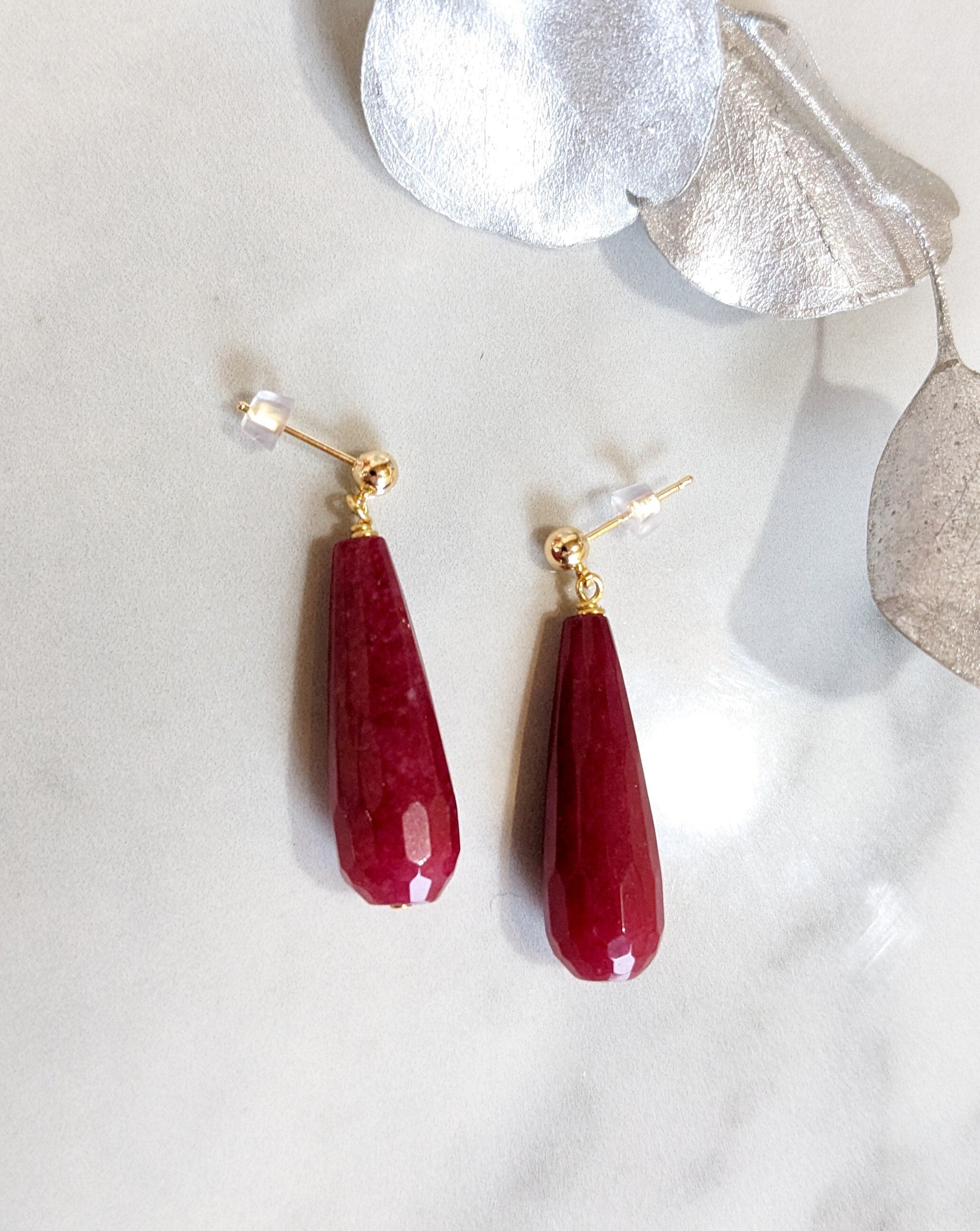 Natural Red Jade & Silver Hook Dangle Earrings – Round Gemstone, Nickel-Free, Handmade