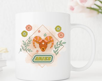 Aries Zodiac Mug - Groovy Style 1970s Inspired Astrology Coffee Cup and Aries Gift. Perfect Gift for an Aries Birthday