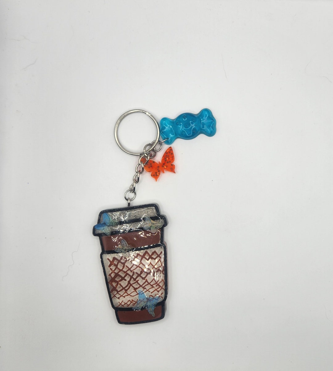 Coffee Cup Keychain / Butterfly Keychain / Handmade Painted Coffee