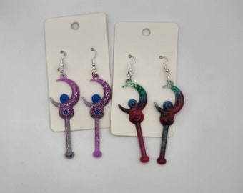 Sailor Moon Inspired Wand Earrings, Glitter Resin with Sterling Silver Hooks