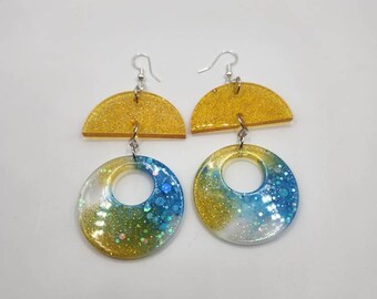 Geometric Sparkle Link Earrings, glitter earrings, statement earrings, resin earrings, hoop earrings, handmade earrings