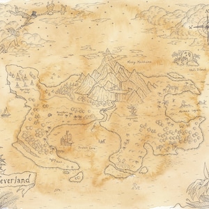 Carte Peter Pan du pays imaginaire dessinée à la main