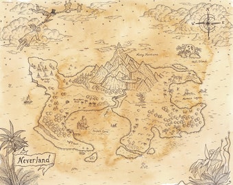 Hand Drawn Peter Pan Map of Neverland