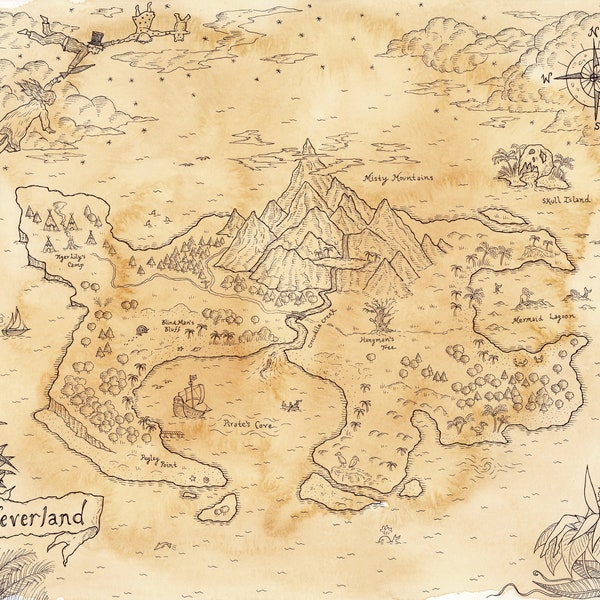 Hand Drawn Peter Pan Map of Neverland