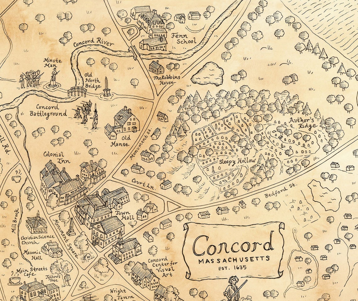 Hand Drawn Map of Concord Massachusetts Etsy