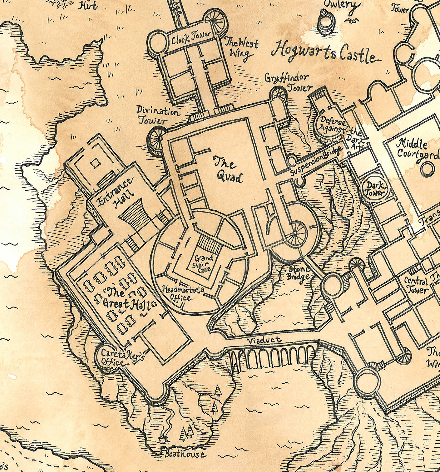 Layout Of Hogwarts Grounds Hand Drawn Harry Potter Map Of Hogwarts Print | Etsy