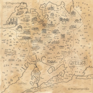 May include: A hand-drawn map of the boroughs of New York City, including Brooklyn and Queens. The map is drawn in black ink on a beige background and includes the names of various neighborhoods and landmarks.