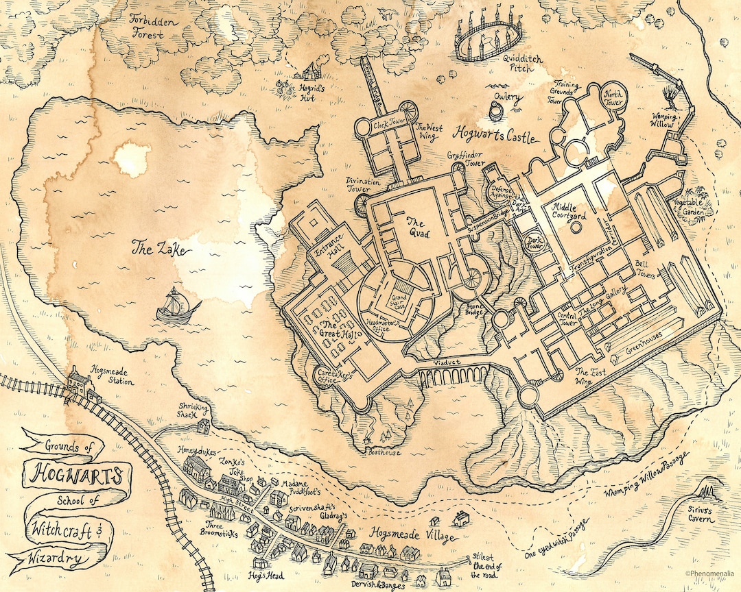 Hand Drawn Harry Potter Map of Hogwarts Print Etsy