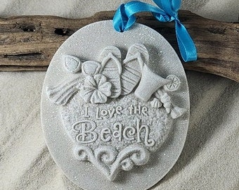 I Love the Beach with flip flops, tropical cocktail, hibiscus flower Beach Sand Ornament, has beach all over it