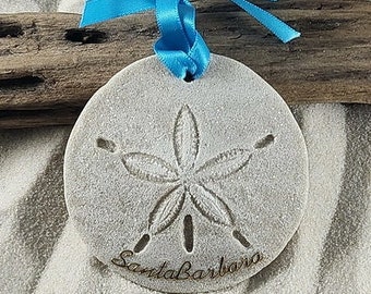 Santa Barbara CA Ornament-Handcrafted with Sand- Sand Dollar Ornament-Beach Ornament -Beach Vacation Memories keepsake-Beach Wedding Favors