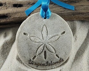Virgin Islands Ornament-Handcrafted with Sand- Sand Dollar Ornament-Beach Ornament -Beach Vacation Memories keepsake-Beach Wedding Favors