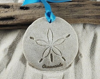Oceanside CA Ornament-Handcrafted with Sand- Sand Dollar Ornament-Beach Ornament -Beach Vacation Memories keepsake-Beach Wedding Favors