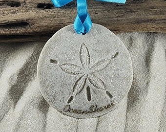 Ocean Shores Ornament-Handcrafted with Sand- Sand Dollar Ornament-Beach Ornament -Beach Vacation Memories keepsake-Beach Wedding Favors