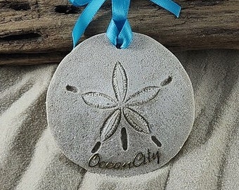 Ocean City      Ornament-Handcrafted with Sand- Sand Dollar Ornament-Beach Ornament -Beach Vacation Memories keepsake-Beach Wedding Favors