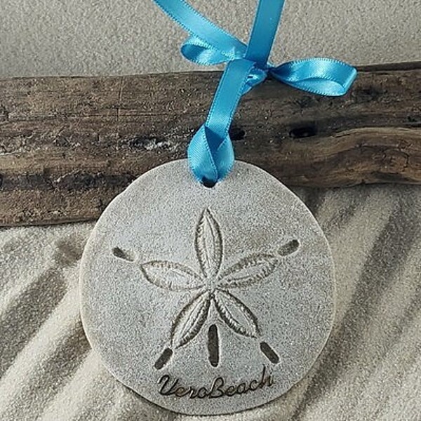 Vero Beach Ornament-Handcrafted with Sand- Sand Dollar Ornament-Beach Ornament -Beach Vacation Memories keepsake-Beach Wedding Favors