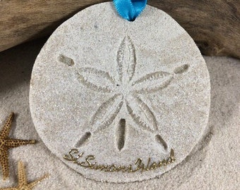 St Simons Island Ornament-Handcrafted with Sand- Sand Dollar Ornament-Beach Ornament -Beach Vacation Memories keepsake-Beach Wedding Favors