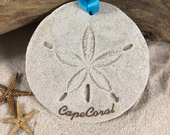 Cape Coral FL Ornament-Handcrafted with Sand- Sand Dollar Ornament-Beach Ornament -Beach Vacation Memories keepsake-Beach Wedding Favors