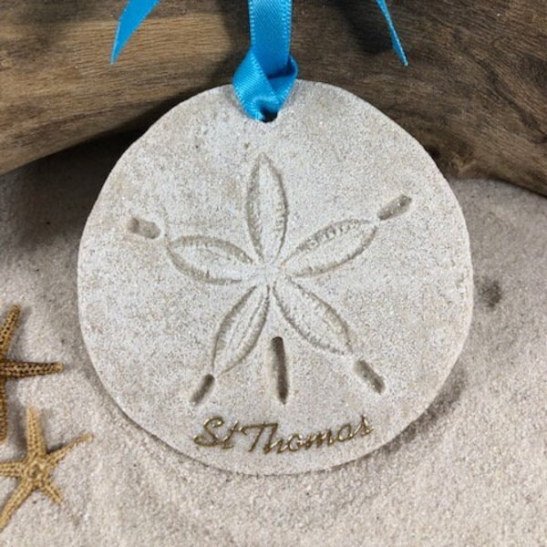 St Thomas Ornament-Handcrafted with Sand- Sand Dollar Ornament-Beach Ornament -Beach Vacation Memories keepsake-Beach Wedding Favors