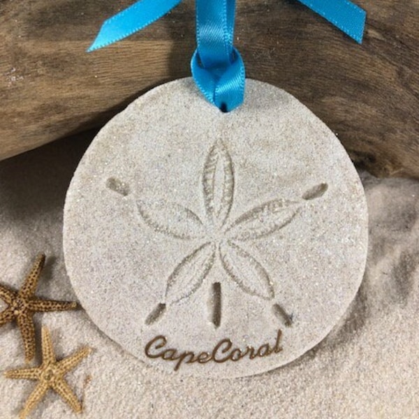 Cape Coral FL Ornament-Handcrafted with Sand- Sand Dollar Ornament-Beach Ornament -Beach Vacation Memories keepsake-Beach Wedding Favors