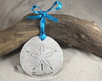 Turks & Caicos Ornament-Handcrafted with Sand- Sand Dollar Ornament-Beach Ornament -Beach Vacation Memories keepsake-Beach Wedding Favors