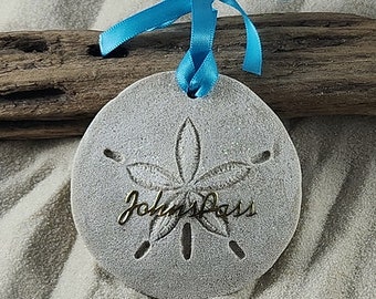 Johns Pass FL Ornament-Handcrafted with Sand- Sand Dollar Ornament-Beach Ornament -Beach Vacation Memories keepsake-Beach Wedding Favors
