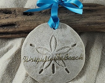 Wrightsville Beach NC Ornament-Handcrafted with Sand- Sand Dollar Ornament-Beach Ornament -Beach Vacation Memories keepsake-Beach Wed Favors