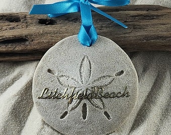 Litchfield Beach Ornament-Handcrafted with Sand- Sand Dollar Ornament-Beach Ornament -Beach Vacation Memories keepsake-Beach Wedding Favors