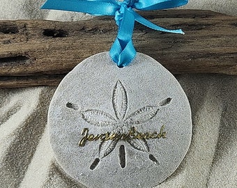 Jensen Beach FL Ornament-Handcrafted with Sand- Sand Dollar Ornament-Beach Ornament -Beach Vacation Memories keepsake-Beach Wedding Favors