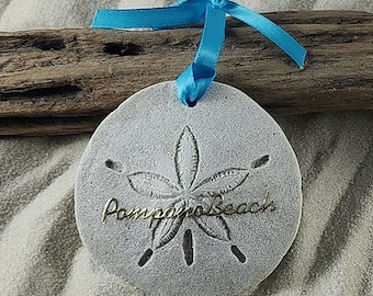 Pompano Beach FL Ornament-Handcrafted with Sand- Sand Dollar Ornament-Beach Ornament -Beach Vacation Memories keepsake-Beach Wedding Favors