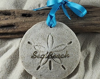 Seal Beach, CA Ornament-Handcrafted with Sand- Sand Dollar Ornament-Beach Ornament -Beach Vacation Memories keepsake-Beach Wedding Favors
