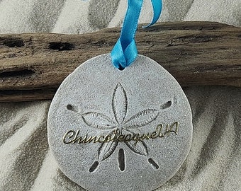Chincoteague, VA Ornament-Handcrafted with Sand- Sand Dollar Ornament-Beach Ornament -Beach Vacation Memories keepsake-Beach Wedding Favors