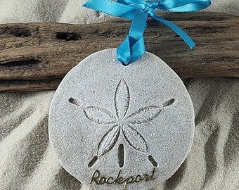 Rockport ME Ornament-Handcrafted with Sand- Sand Dollar Ornament-Beach Ornament -Beach Vacation Memories keepsake-Beach Wedding Favors