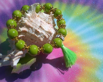Pulsera de estiramiento de cuentas de arcilla de manzana verde; Pulsera elástica, cuentas de arcilla, manzana verde