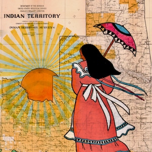 May include: A vintage map of Indian Territory featuring a woman in a red dress with a white sash, holding a pink and blue umbrella. The map shows the progress of the survey in 1900. The text "Choctaw Nation" is visible in the bottom right corner.