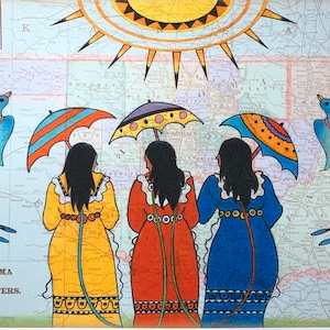 May include: Three women in colorful dresses walk under umbrellas on a vintage map background. The women are wearing yellow, red, and blue dresses with intricate patterns. The umbrellas are striped, polka dotted, and floral. The map shows the states of Oklahoma and Texas.