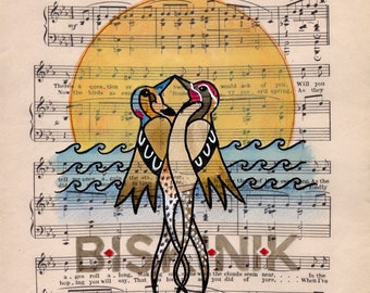 NEW! BISKINIK - CHOCTAW Legend Bird Ledger art- The sapsucker and the flicker