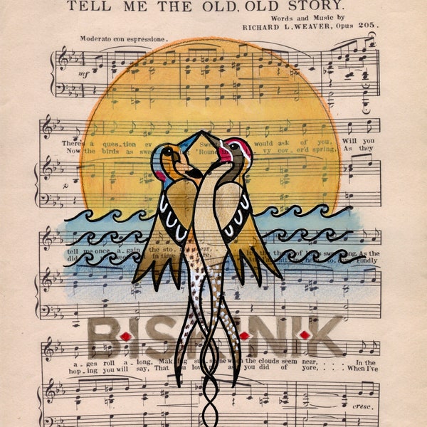 NEW! BISKINIK - CHOCTAW Legend Bird Ledger art- The sapsucker and the flicker
