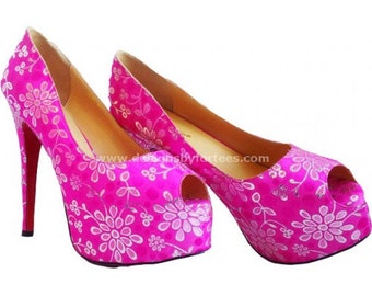 USED!!- Pink Peeptoe Platform High Heel Shoes, Damask Print Shoes, African Print Shoes, Fabric Platform Shoes - Wedding Shoes