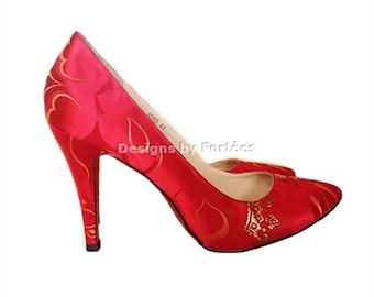 Fairly USED!!! Red Pointy Toe High Heel, Damask Print Shoes, African Print Shoes, Fabric Pointy Shoes - Wedding Bridesmaid Shoes - Unique