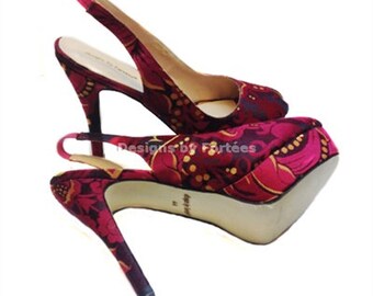 SALE!!! Burgundy Peeptoe Platform Slingback Shoes, Damask Print Shoes, African Print Shoes, Fabric Platform -Wedding Shoes