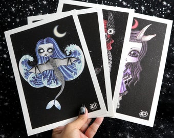 Mythical Creatures Art Print Set | Dark Fantasy Creepy Cute | Harpy, Medusa, Fauness, Siren