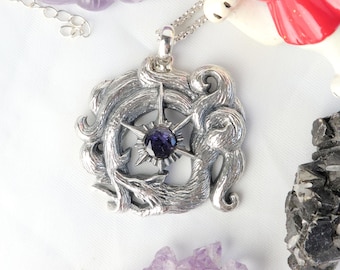 Kitsune Sterling Silver Necklace: Nine Tailed Fox, Galaxy Iolite Pendant