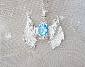 Colgante plegable de alas de ángel de la guarda en plata de ley: espodumena o topacio azul