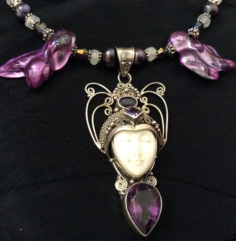 Goddess Face Art Deco Bali Silver Necklace Set Amethyst Moonstone /& Pearls